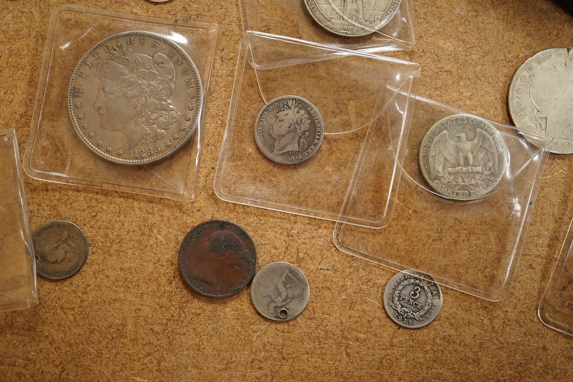 A small collection of silver coins and medals to include George III crown, 1820, Usa Morgan dollar, 1885, Edward VII florin, 1909, two George VI coronation medals in original boxes etc